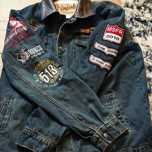 Men's Dark Blue Embroidered Denim Bomber Jacket with Leather Collar